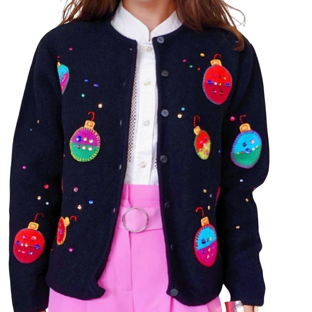 Talbots Vintage 100% Wool Unique Ornament Embroidered Cardigan Sweater Size M